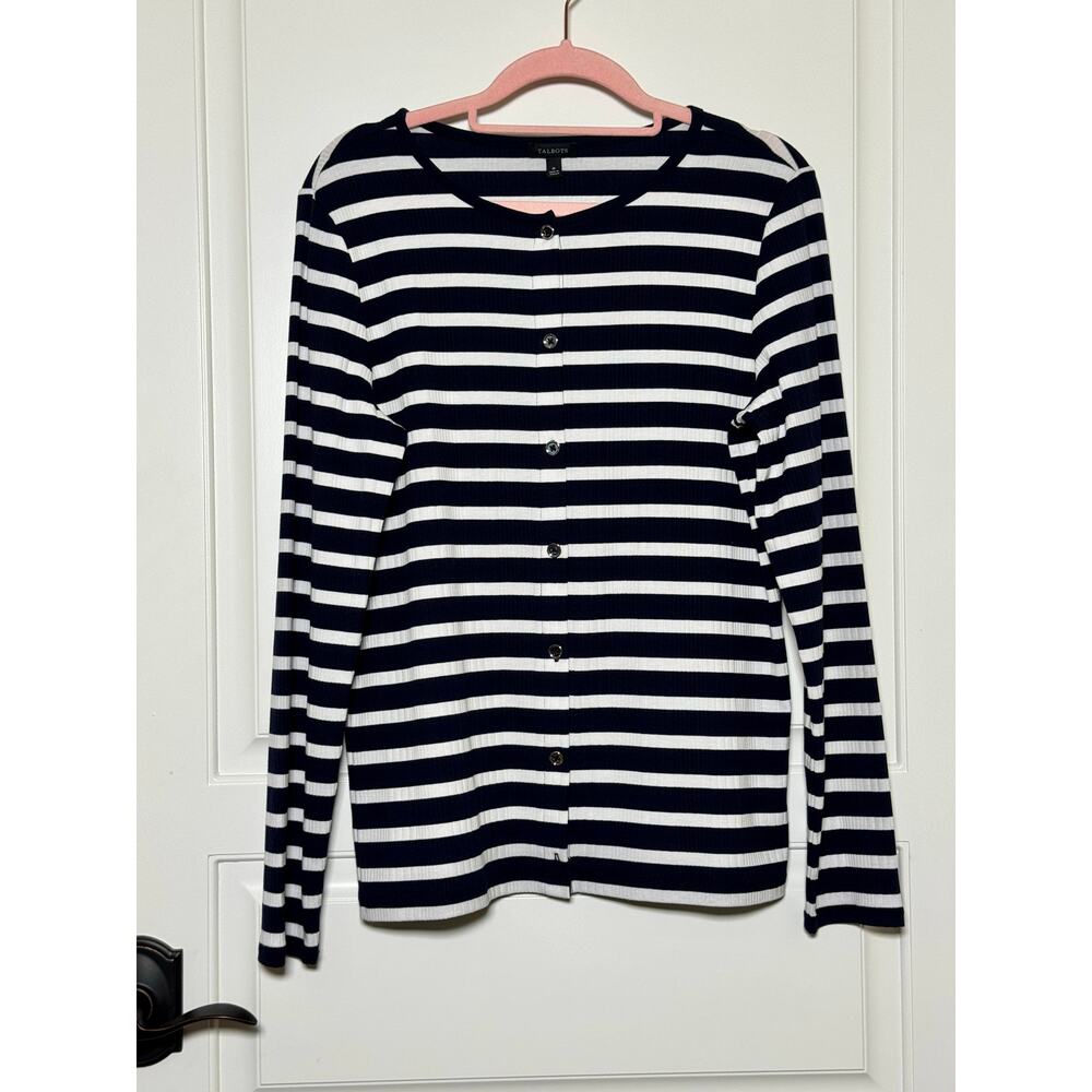 TALBOTS NAVY BLUE AND WHITE STRIPE CARDIGAN SIZE MEDIUM - Picture 6 of 10